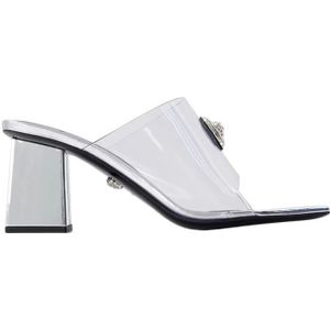 Versace, Schoenen, Dames, Grijs, 37 EU, Leer, Zilveren PVC Slides met Vierkante Open Neus