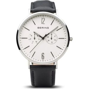 Bering, Klassiek Leren Horloge Zwart Wit Zwart, Heren, Maat:ONE Size