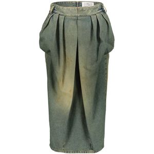 Maison Margiela, Verwassen Denim Rok met Geplooide Details Groen, Dames, Maat:XS