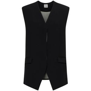 Alysi, Jassen, Dames, Zwart, S, Polyester, Zwarte Lange Vest voor Vrouwen