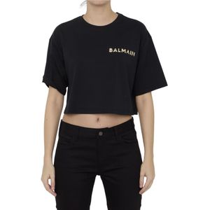 Balmain, Tops, Dames, Zwart, S, Katoen, Zwarte Cropped Crewneck T-Shirt Ss 24