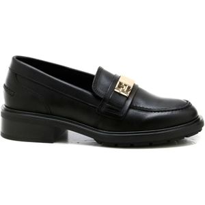 Tommy Hilfiger, Schoenen, Dames, Zwart, 41 EU, Leer, Zwarte Leren Loafer met Gouden Logo