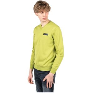 Plein Sport, Merino Wol V-Hals Gebreide Trui Groen, Heren, Maat:L