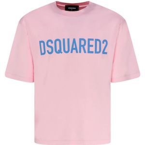 Dsquared2, Tops, Heren, Roze, L, Katoen, Logo Print T-Shirt in Lichtroze en Hemelsblauw