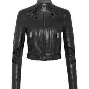 Philipp Plein, Zwart leren kanten geborduurde jas Zwart, Dames, Maat:M