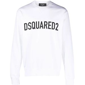 Dsquared2, Sweatshirts & Hoodies, Heren, Wit, S, Katoen, Witte Katoenen Jersey Sweater met Logo Print