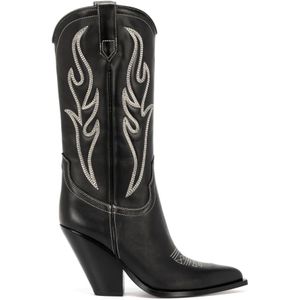 Sonora, Zwarte kalfsleren cowboy laarzen met off-white borduursel Zwart, Dames, Maat:35 EU