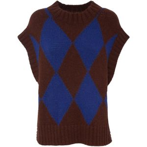 La DoubleJ, Argyle Gilet, Wolmix Statement Sweater Blauw, Dames, Maat:M