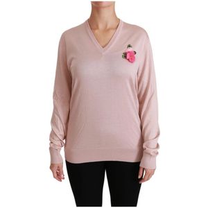 Dolce & Gabbana, Sweatshirts & Hoodies, Dames, Roze, 3Xs, Zijden Trui met Bloemenversiering