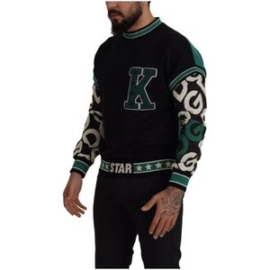 Dolce & Gabbana, Sweatshirts & Hoodies, Heren, Zwart, S, Katoen, Zwarte Groene Katoenen King Star Crewneck Trui