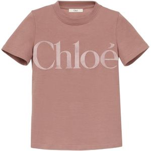 Chloé, Tops, Dames, Roze, XS, Katoen, Fluweel Logo Roze T-shirts en Polos