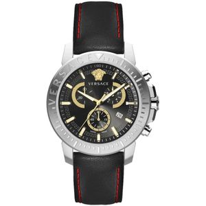 Versace, NEW Chrono Leren Chronograaf Horloge Grijs, Heren, Maat:ONE Size