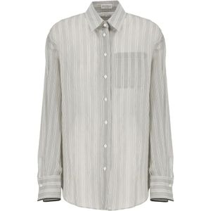 Brunello Cucinelli, Blouses & Shirts, Dames, Grijs, XS, Gestreept Grijs Overhemd met Kraag en Messing Details
