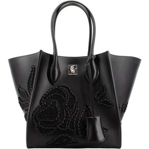 Ermanno Scervino, Handgemaakte Geborduurde Leren Shopper Tas Zwart, Dames, Maat:ONE Size