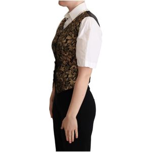 Dolce & Gabbana, Jassen, Dames, Veelkleurig, M, Katoen, Zwart Goud Jacquard Zijden Vest