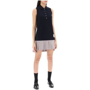 Thom Browne, Mouwloze Mini Polo Jurk met Geplooide Onderkant Blauw, Dames, Maat:S