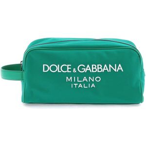 Dolce & Gabbana, Tassen, Heren, Groen, ONE Size, Nylon, Rubberen Logo Beauty Case