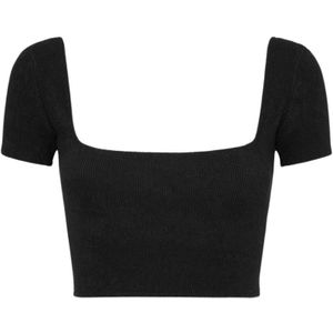 Me-Fui, Blouses & Shirts, Dames, Zwart, S, Polyester, Geëmbosseerde Zwarte Crop Top met Open Rug