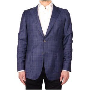 Made in Italia, Jassen, Heren, Blauw, L, Wol, Blauwe Wollen Blazer met Ruitpatroon