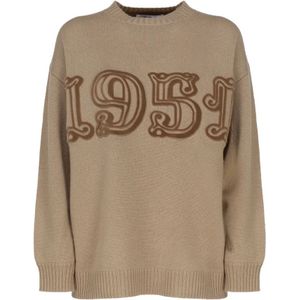 Max Mara, Truien, Dames, Bruin, S, Wol, Fluweel Applicatie Crew Neck Sweater