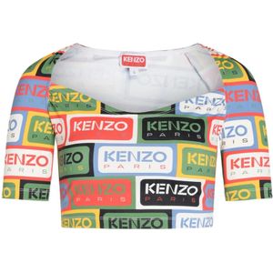 Kenzo, Tops, Dames, Veelkleurig, M, Crop Top met Multicolor Print en Vierkante Halslijn