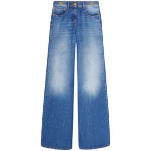 Versace, Jeans, Dames, Blauw, W28, Katoen, Indigo Blauwe Spijkerbroek met Goudkleurig Logo
