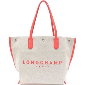 Longchamp, Ecru/Koraalrode Leren Tas Wit, Dames, Maat:ONE Size