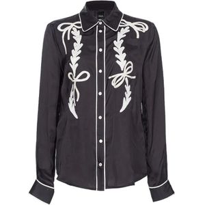 Pinko, Blouses & Shirts, Dames, Zwart, S, Satijn, Zwarte Satijnen Geborduurde Blouse