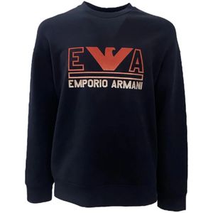 Emporio Armani, Sweatshirts & Hoodies, Heren, Blauw, XL, Katoen, Navyblauwe Dubbel Jersey Sweatshirt met Maxi Logo Belettering en Rood Oranje Adelaarslogo