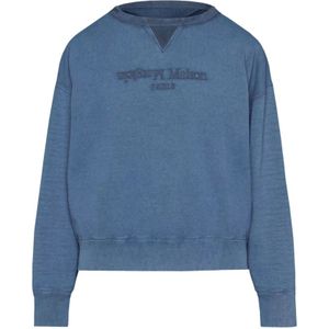 Maison Margiela, Sweatshirts & Hoodies, Heren, Blauw, M, Katoen, Navy Blue Sweatshirt met Geborduurd Logo