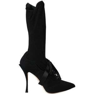 Dolce & Gabbana, Schoenen, Dames, Zwart, 38 EU, Zwarte Stiletto Hakken Mid Calf Laarzen