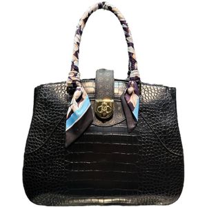 Pollini, Coco Print Handtas met Heritage PVC en Sjaal Zwart, Dames, Maat:ONE Size