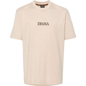 Ermenegildo Zegna, Tops, Heren, Beige, S, Katoen, Beige T-shirt met Logo Detail