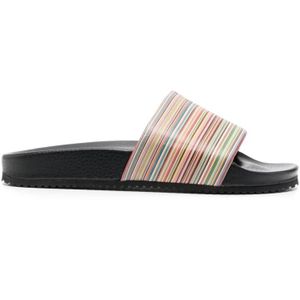 Paul Smith, Schoenen, Heren, Veelkleurig, 40 EU, Leer, Streep-Print Leren Slides Zwart