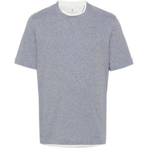 Brunello Cucinelli, Tops, Heren, Grijs, M, Katoen, Grijze Katoenen Gelaagde T-shirt Jersey Ontwerp