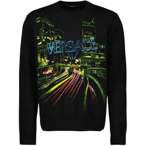 Versace, Sweatshirts & Hoodies, Heren, Zwart, M, Wol, City Lights Trui met Lange Mouwen