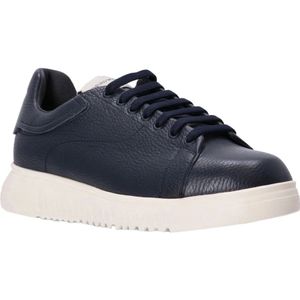 Emporio Armani, Schoenen, Heren, Blauw, 42 EU, Leer, Gehamerde leren herensneakers