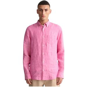 Gant, Reguliere Linnen Overhemd met Geborduurd Logo Roze, Heren, Maat:3XL