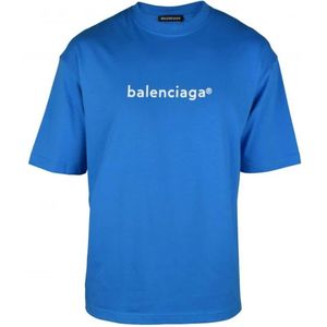 Balenciaga, Tops, Heren, Blauw, S, Katoen, Blauwe Logo Print Oversize T-shirt