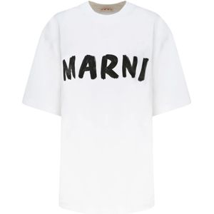 Marni, Tops, Dames, Wit, XS, Katoen, Wit Logo Print T-Shirt