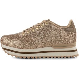 Woden, Glinsterende Leren Sneaker met Plateauzool Beige, Dames, Maat:40 EU