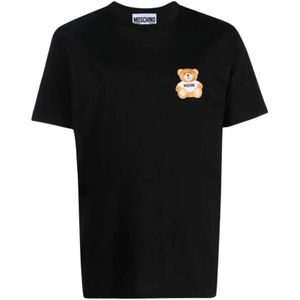 Moschino, Tops, Heren, Zwart, M, Katoen, Teddy Bear Logo Geborduurd T-shirt