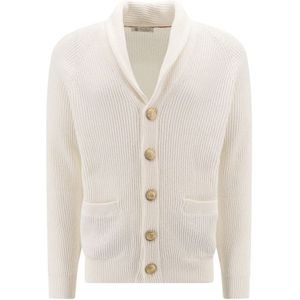 Brunello Cucinelli, Witte Gebreide Kleding met Gouden Metalen Knopen Wit, Heren, Maat:L