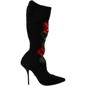 Dolce & Gabbana, Schoenen, Dames, Zwart, 40 EU, Wol, Stretch Sokken Rode Rozen Booties