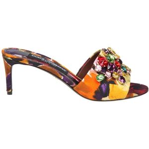 Dolce & Gabbana, Schoenen, Dames, Geel, 38 1/2 EU, Multicolor Brokaat Slipper met Gekleurde Stenen
