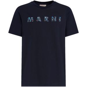 Marni, Rode Bloemen Logo Jersey T-shirt Blauw, Heren, Maat:S