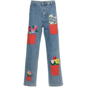 KidSuper Studios, Bloemen Geborduurde Denim Jeans Blauw, Heren, Maat:XL