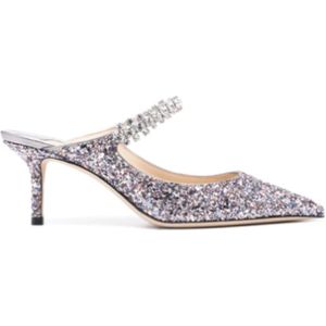 Jimmy Choo, Schoenen, Dames, Paars, 37 1/2 EU, Glitter Pointed Toe Crystal Strap Heels