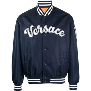 Versace, Jassen, Heren, Blauw, XL, Blauwe Logo-Patch Bomberjack