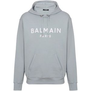 Balmain, Sweatshirts & Hoodies, Heren, Grijs, 2Xl, Katoen, Gedrukte Pari hoodie